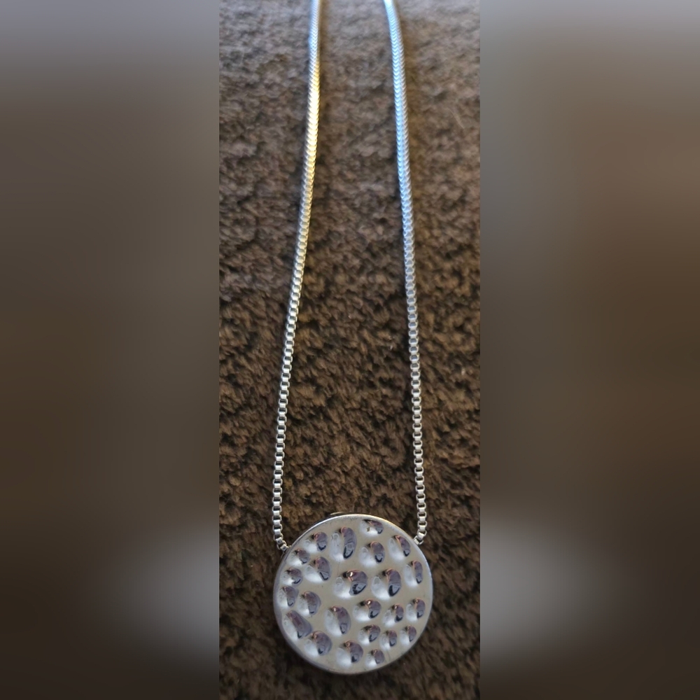 Silvertone Textured Disk Necklace - Picture 2 of 5